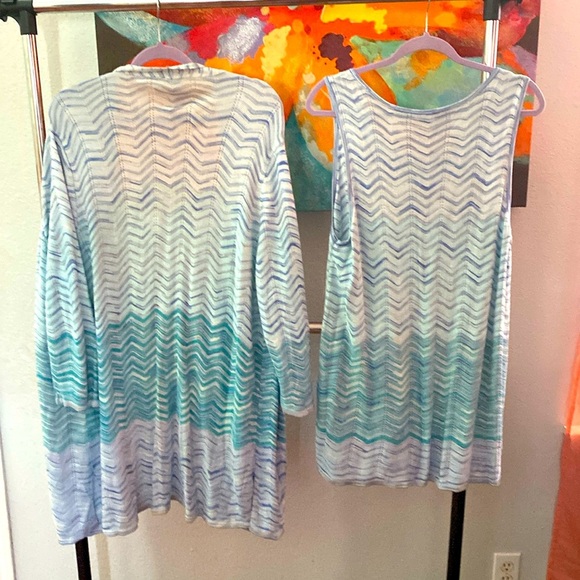 Chicos Sweater Set Cardigan Open Front + Tank Stripe LS Pattern Blue Multi Sz 4 - Picture 3 of 6